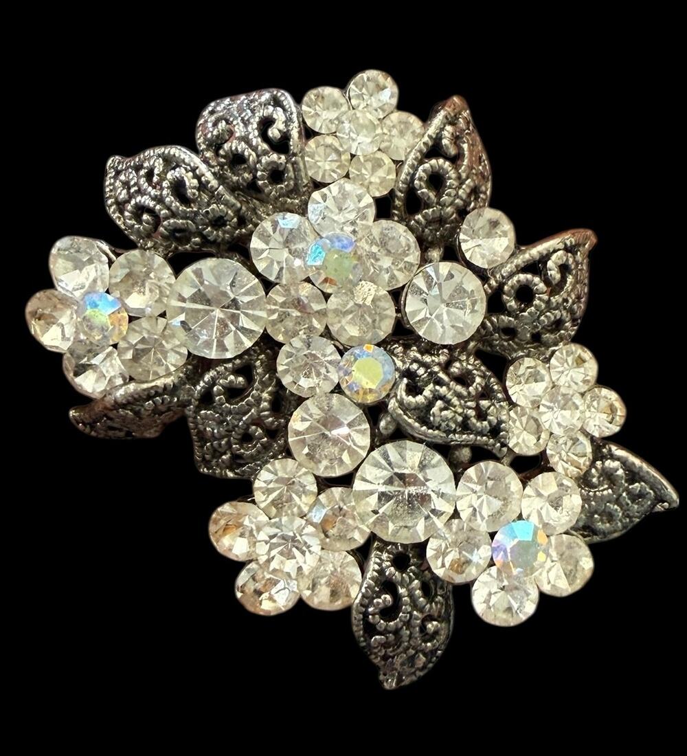 Vintage Rhinestone Floral Brooch Silver Tone Filigree Cluster Statement Pin